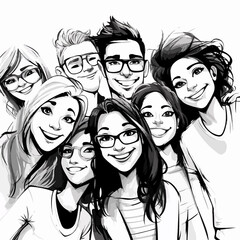 Cartoon Friends: A Fun Black and White Illustration of People Socializing Together