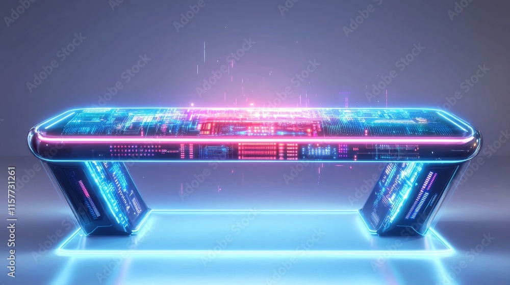 Poster a futuristic, illuminated table features vibrant blue and red lights, showcasing a high-tech design 