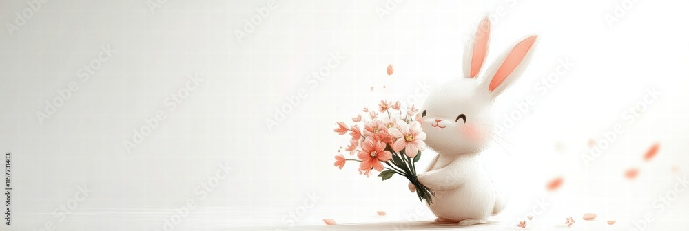 Poster Cuddly rabbit holds pink bouquet in delightful spring setting with ample space for text. Generative AI