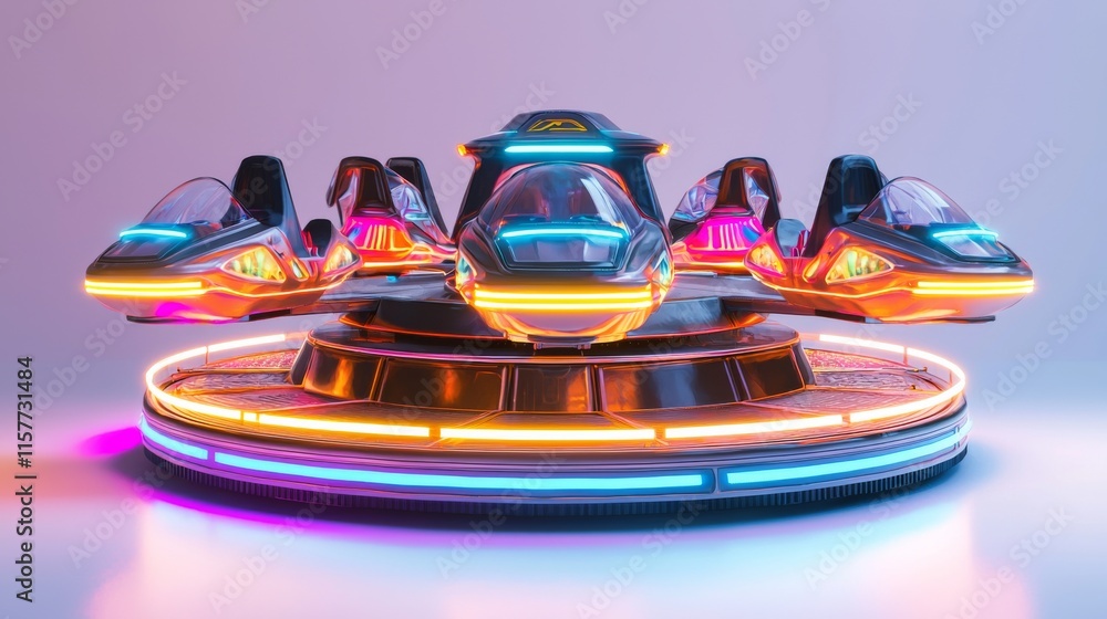 Aufkleber a futuristic hovercraft with vibrant neon lights, featuring multiple sleek pods, hovering above a gl