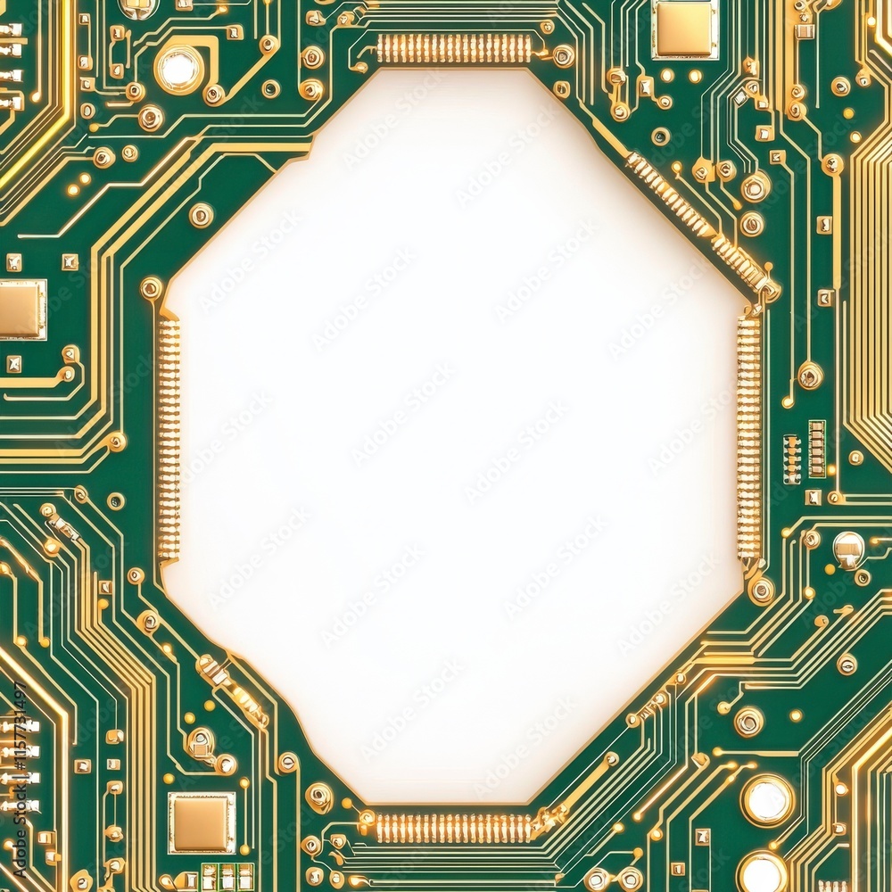 Poster a close up of a circuit board frame design with golden patterns on a green background, isolated on w