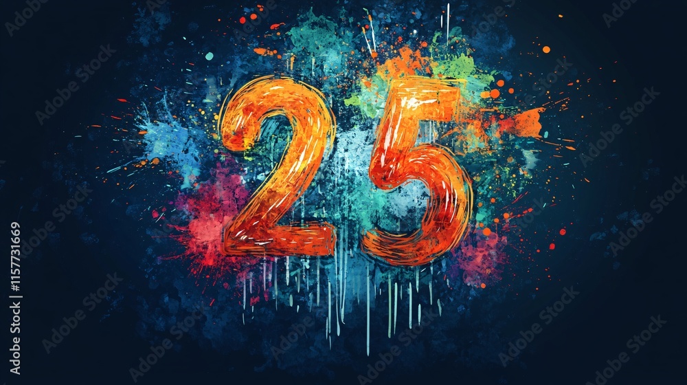 Poster vibrant and artistic representation of the number 25 with colorful splashes and bold textures.