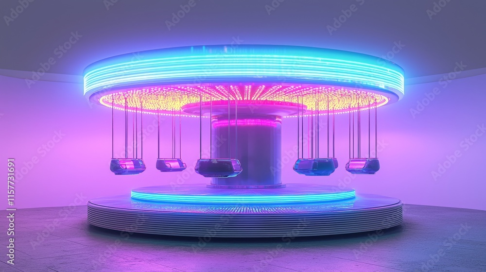 Poster a vibrant, futuristic carousel with glowing neon lights and swinging seats, creating a captivating a