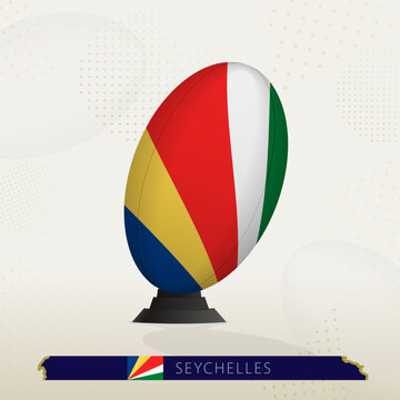 Seychelles Rugby Ball on Rugby Kicking Tees with Modern Design.