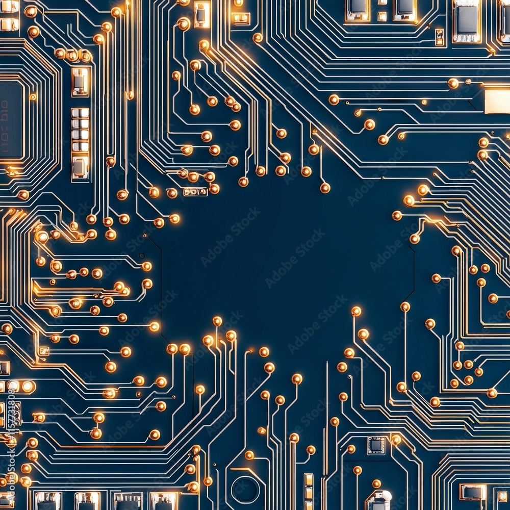 Poster a close up of a circuit board intricate pathways and luminous components for tech-related themes.