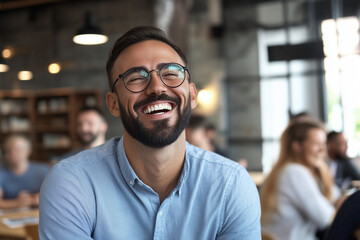 Obraz premium man with glasses is smiling and laughing in a restaurant. He is surrounded by other people, some of whom are also smiling. The atmosphere is cheerful and friendly