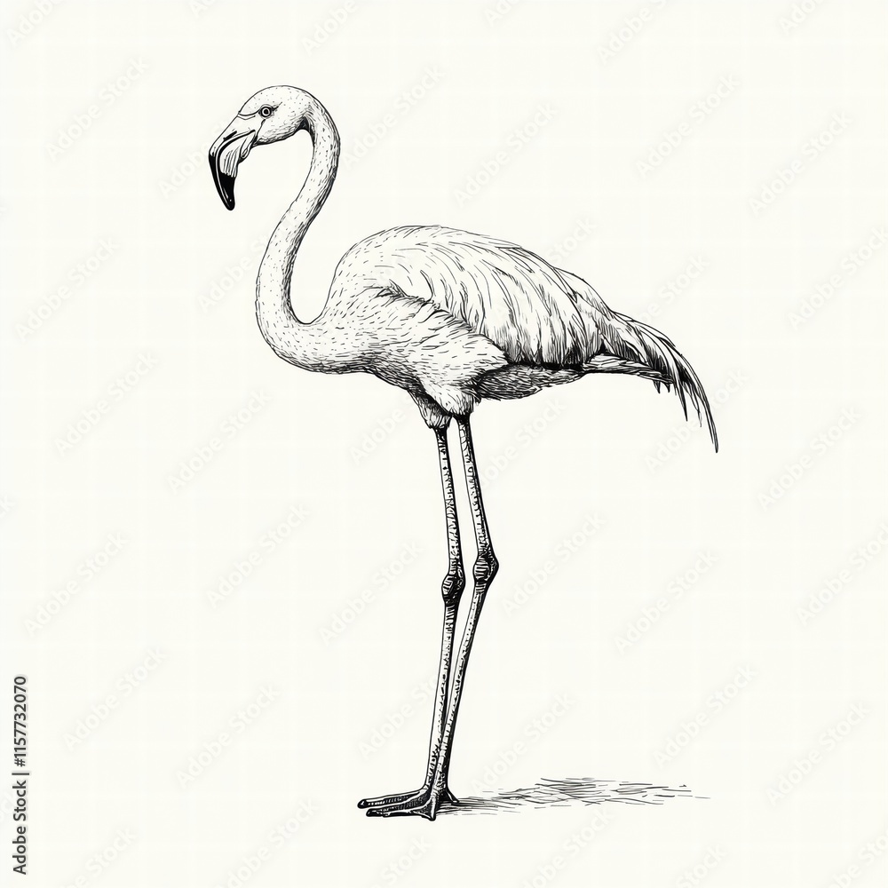 Poster Illustration of a flamingo standing gracefully, surrounded by blank space for text or additional design elements. Generative AI