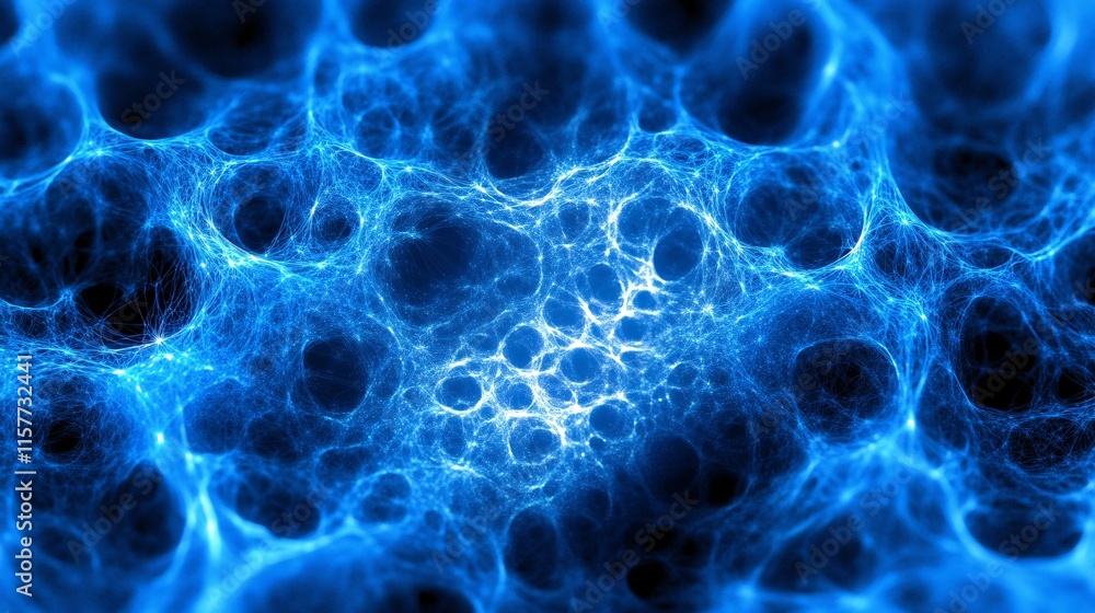 Poster abstract blue cellular structure with intricate patterns and glowing highlights.
