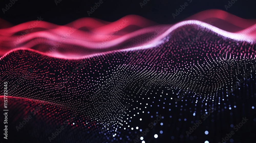 Poster a mesmerizing display of vibrant red and white digital waves flowing in a dark space.