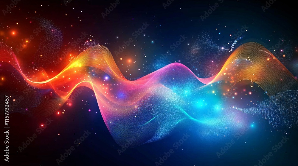 Poster a vibrant, colorful abstract wave design with swirling colors and sparkling light effects, creating 