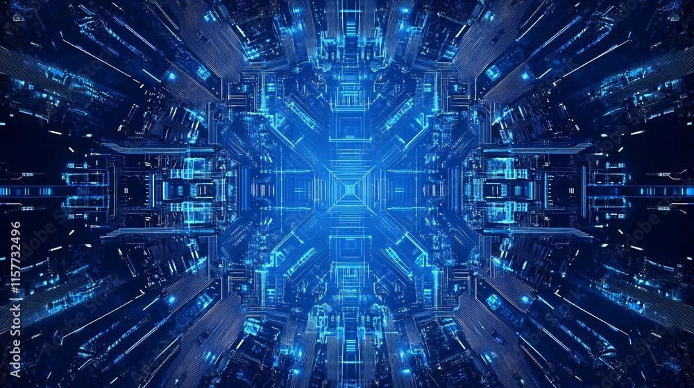 Poster futuristic digital cityscape with neon blue lights and intricate architecture, creating a sense of d