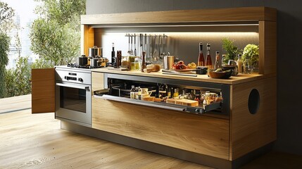 Compact kitchen with smart storage, modern appliances, and a sleek, minimalist design.