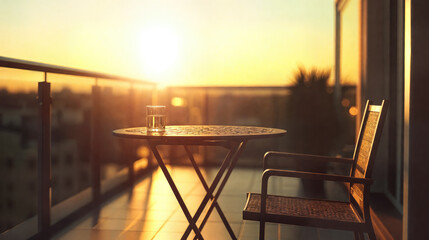 Table and chairs balcony sunset. terrace view, luxury apartment furniture. Modern patio dusk, illuminated sunlight. Empty, comfortable lounge with summer landscape background. Contemporary elegance.