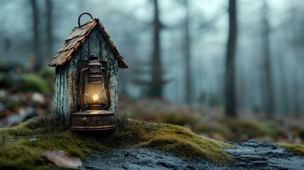 A village lantern flickers on a rocky outcrop in the foggy forest.