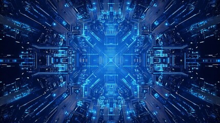 Fototapeta premium Futuristic digital cityscape with neon blue lights and intricate architecture, creating a sense of depth and technology.