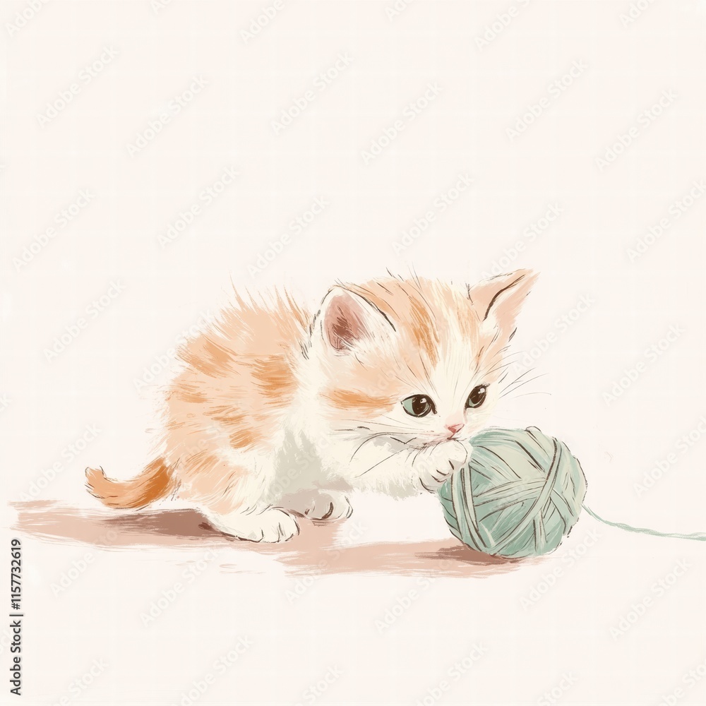 Poster Cute kitten plays with a soft ball of yarn in a cozy indoor setting with ample space for text addition. Generative AI
