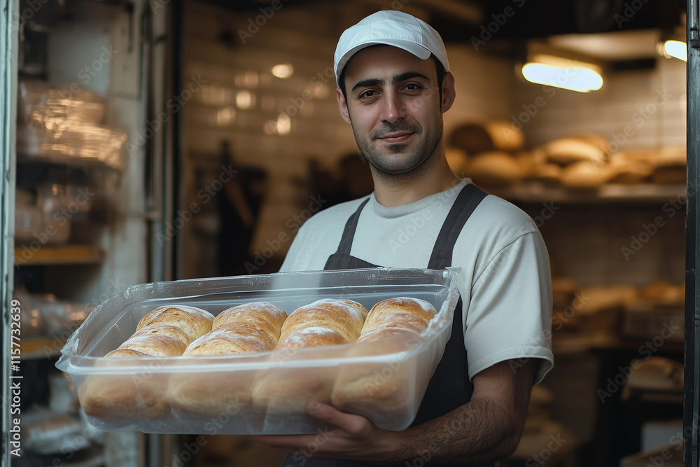 Aufkleber man in a chef's hat is holding a tray of bread. he is smiling and he is happy