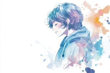 Portrait of a young man with distinctive purple hair, wearing a blue jacket