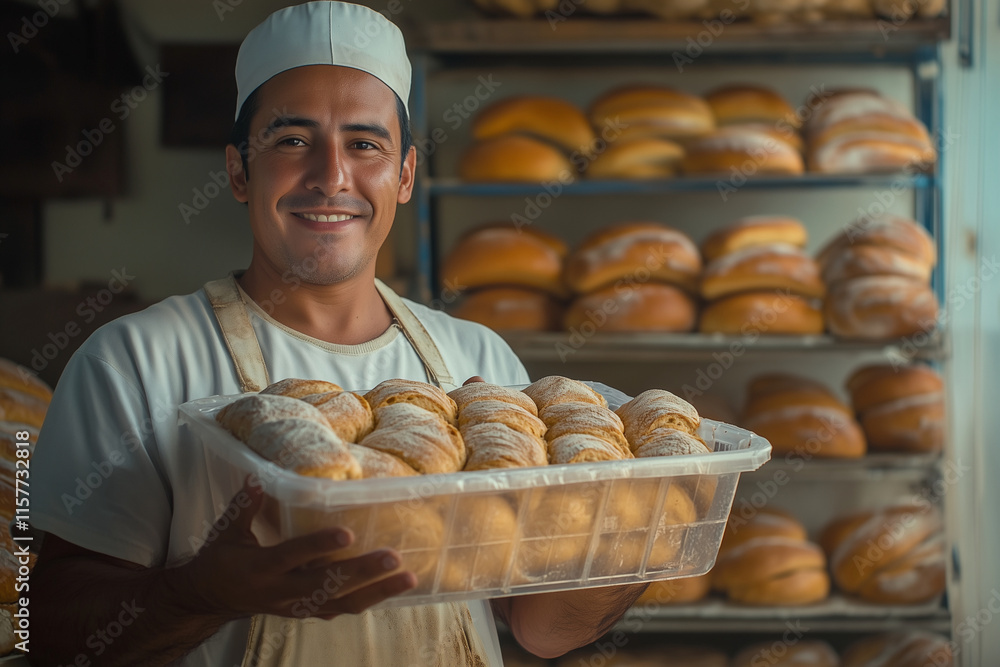 Poster man is holding a tray of bread in a bakery. he is smiling and he is happy