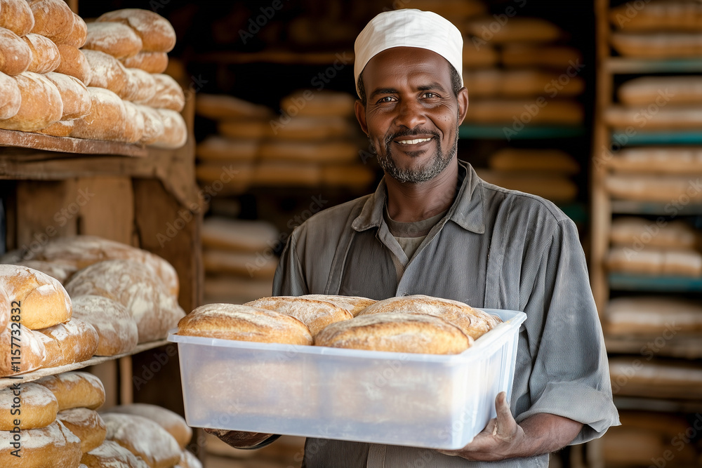Poster man is holding a tray of bread in a bakery. he is smiling and he is happy
