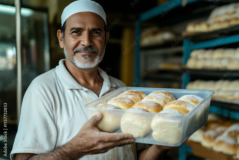Poster man is holding a tray of bread in a bakery. the bread is white and has a frosting on it