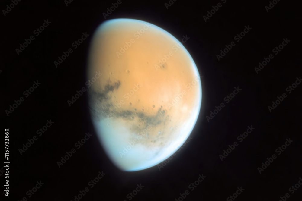 Poster a distant view of the planet mars from space showing its terrain and features