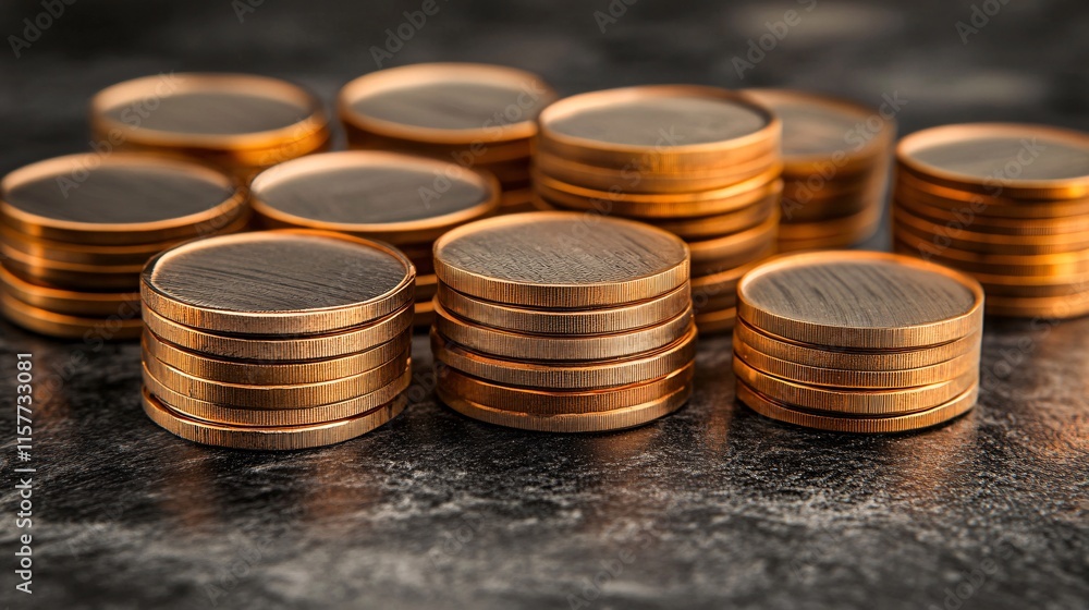 Aufkleber stacks of metallic coins arranged on a textured surface, creating a warm, inviting atmosphere.