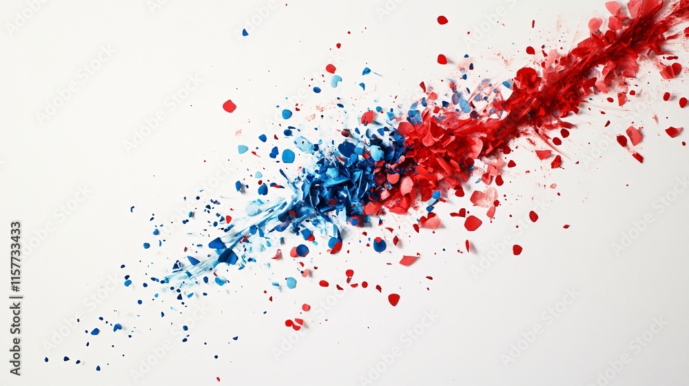 Poster an abstract explosion of red and blue paper confetti on a white background, creating a dynamic and v