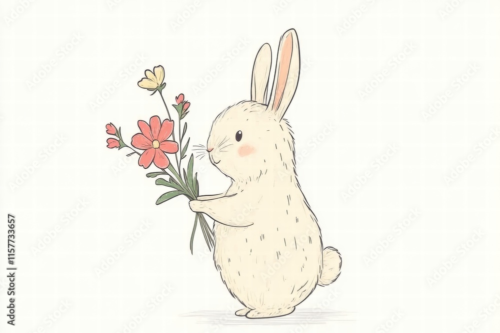 Poster cuddly rabbit holding a colorful bouquet of flowers with plenty of space for personal messages or de