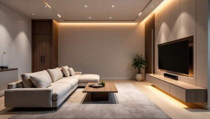 Fototapeta premium Luxury Minimalist Living Room with Smart Tech. Perfect for promoting smart home devices, modern interior designs, or premium lifestyle brands