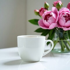 White cup mockup with empty space for text with bouquet of pink peonies