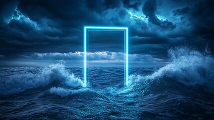 A surreal blue neon doorway stands amid tumultuous ocean waves under dramatic stormy skies.