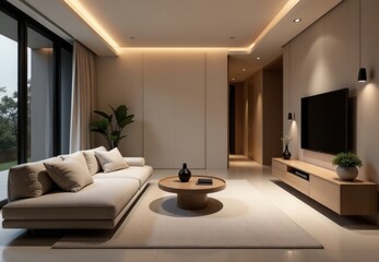 Fototapeta premium Luxury Minimalist Living Room with Smart Tech. Perfect for promoting smart home devices, modern interior designs, or premium lifestyle brands