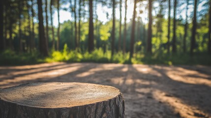Freshly Cut Tree Stump in a Serene Forest Setting with Soft Sunlight