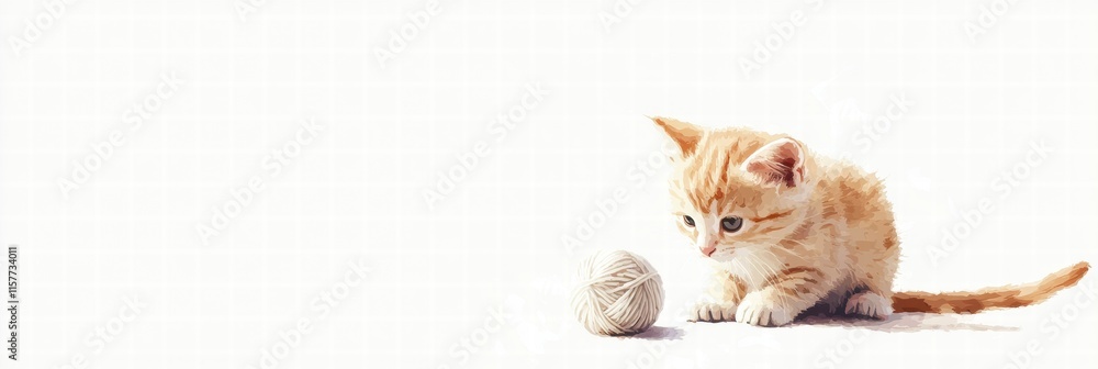 Aufkleber Cute kitten interacts with a ball of yarn in a bright playful environment with space for additional text. Generative AI