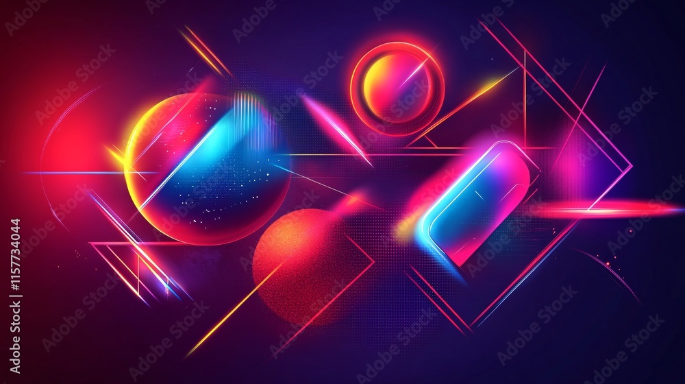 Poster vibrant abstract composition with geometric shapes and neon colors, creating a futuristic and dynami
