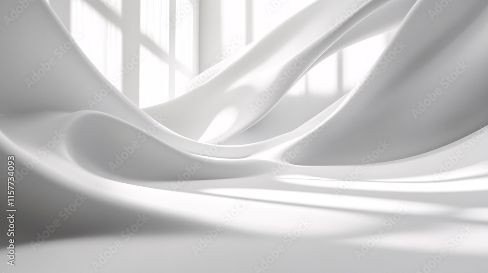Poster a serene white fabric draping elegantly, creating soft waves and shadows under diffused light.