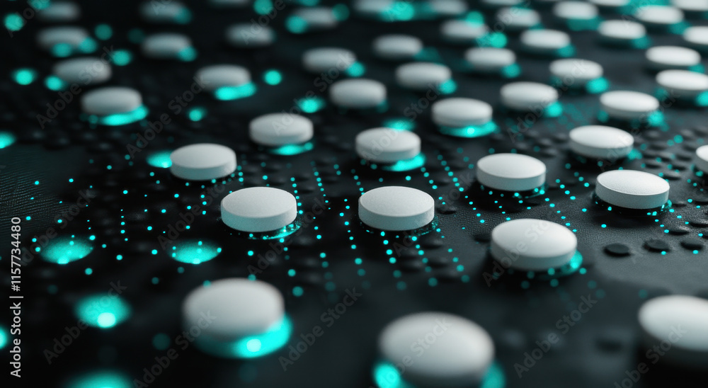 Poster the composition features numerous circular objects illuminated with a soft glow, arranged on a dark,