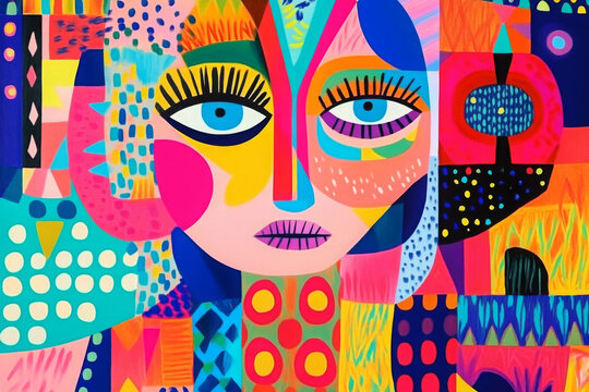 An abstract painting featuring bright colors and various shapes creating a dynamic visual impact, Display a variety of colorful shapes and patterns overlapping each other