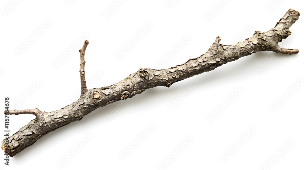 Poster a single, dry tree branch isolated on a white background. the branch is brown and textured, showing 