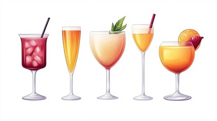 An array of colorful cocktails including a fruity mix, champagne, and a creamy drink adorned with mint.