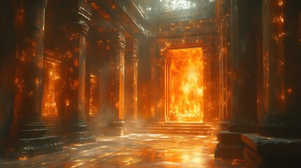 Obraz premium Fiery portal within ancient, stone temple ruins.