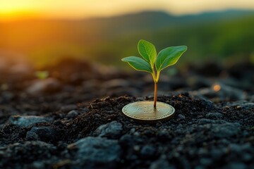 A small plant sprouts from the top of a coin, symbolizing growth and resilience