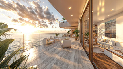 terrace living room with sea view and sunset. Modern luxury villa interior design, comfortable lounge furniture, ocean vista, relaxation in contemporary resort apartment