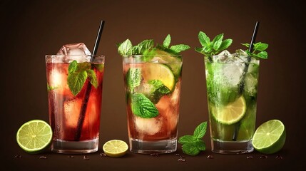 Fototapeta premium Refreshing drinks with mint and lime, showcasing a vibrant assortment of cocktails with ice.