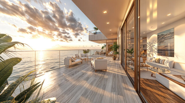 Fototapeta terrace living room with sea view and sunset. Modern luxury villa interior design, comfortable lounge furniture, ocean vista, relaxation in contemporary resort apartment