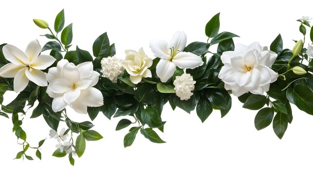 Elegant garland of white flowers and lush green leaves, perfect for weddings or special events.  Features magnolias, gardenias, and lilies.