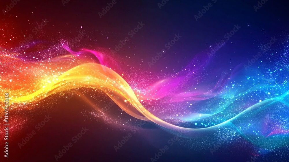 Poster a vibrant abstract wave of colors blending harmoniously in a magical display of light and sparkles.