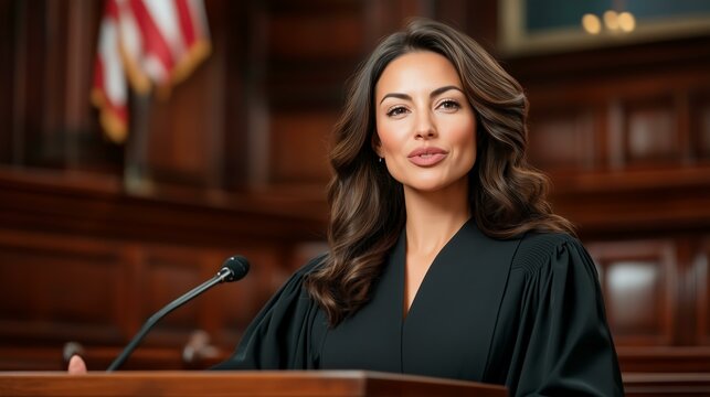 Confident female judge in a courtroom setting with american flag