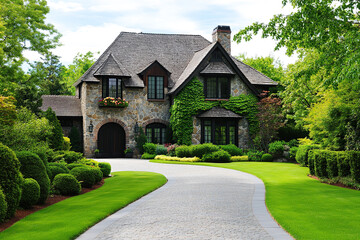 Beautiful luxury home in Alpharetta. Long driveway with green lawn, surrounded by hedges and trees. The house is an English-style stone cottage with black windows and ivy growing on the roof.